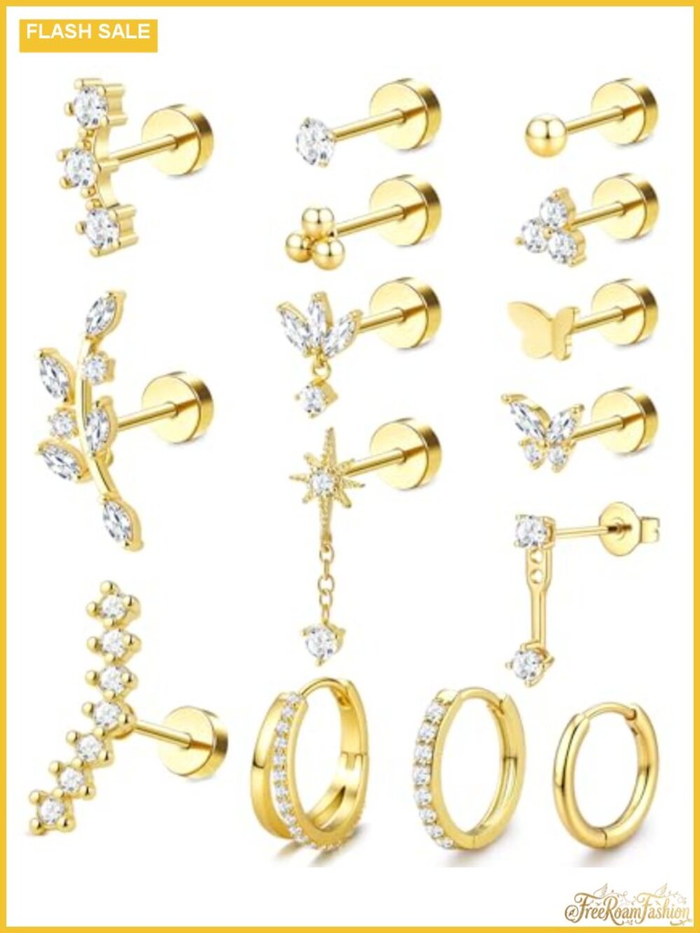 Flat Back Cartilage Earring Set Tragus Hoops Studs 15pcs 316L Surgical Steel